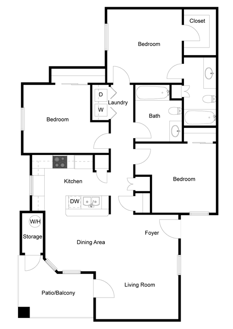 Floor plan for 3 beds, 2 baths, 1174 sqft